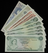 Central Bank of the Bahamas, $1 (6), 1974, 1984 (2), 1992, 1996, and 2002, prefixes P/1, K, AA, AP, BK, and DW, also...
