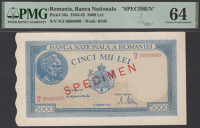 Banca Nationala a Romaniei, specimen 5000 Lei, 10 October 1944, serial number N/2 0000000, red SPECIMEN overprints,...