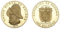 Panama, Republic, Proof 100 Balboas, 1975, 500th Anniversary of the Birth of Balboa (KM 41). Brilliant, as struck;...