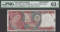 Banca d’Italia, specimen 100,000 Lire, 1978, serial number AA000000A, specimen number 022, Baffi and Stevani...