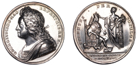 George II, Coronation, 1727, a silver medal by J. Croker, laureate bust left, rev. King, enthroned, being crowned by...