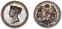 Opening of the Royal Exchange, 1844, a silver medal by W. Wyon, crowned bust left, rev. laurel wreath behind three...