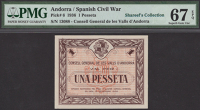 Consell General De Les Valls D’Andorra, 1 Pesseta, 19 December 1936, serial number 13088, in PMG holder 67 EPQ,...