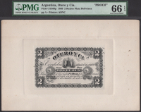 Argentina, Otero y Ca., proof 2 Reales Plata Boliviana, 1869, without serial number or signatures, in PMG holder 66...