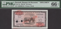 Banque du Royaume du Burundi, specimen 10 Francs, 20 November 1964, serial number A000000, specimen number 93, red...