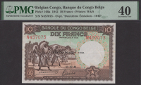 Banque du Congo Belge, 10 Francs, 10 July 1942, serial number N457073, previously mounted, in PMG holder 40,...