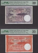 Banque du Congo Belge, 20 Francs (2), 10 March 1942 and 10 March 1943, serial numbers D057808 and H523331,...