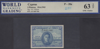 Government of Cyprus, 3 Piastres, 18 June 1943, serial number A/1 045946, Wilson signature, in WBG holder 63 TOP,...
