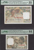 Banque de Madagascar et des Comores, 100 and 1000 Francs, ND (1963), serial numbers W.2967 824 and D.729 012, in PMG...
