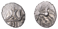 British Iron Age, ICENI, Ecen (c. AD 10-43), silver Unit, Symbol [V] type, double crescent emblem on vertical...
