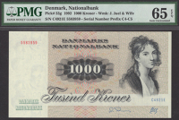 Danmarks Nationalbank, 1000 Kroner, 1992, serial number C4921E 5583959, in PMG holder 65 EPQ, gem uncirculated
BNB...