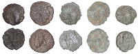 British Iron Age, REGINI, Uninscribed issues, bronze Units (5), Chichester Cock type, helmeted head right, rev. cock...