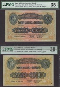 East African Currency Board, 20 Shillings (2), 1 July 1941, serial numbers F/7 99899 and H/3 65156, first with...
