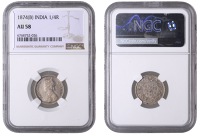 India, British India, Victoria, Victoria, Quarter-Rupee, 1874b, Bombay (Prid. 405; KM 470). Toned, about extremely...