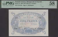 Banque de Guyane, French Guiana, 5 Francs, 1901 (1922-47), serial number T.42 491, Halleguen and Constantin...