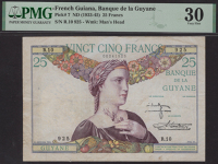 Banque de Guyane, French Guiana, 25 Francs, ND (1933-45), serial number R.10 925, Halleguen, Constantin, and...