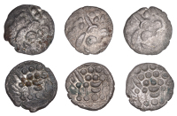 British Iron Age, DUROTRIGES, Uninscribed issues, silver Staters (3), Spread Tail type, devolved head of Apollo...