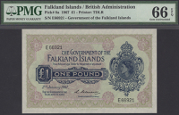 Government of the Falkland Islands, £1, 2 January 1967, serial number E66921, Gleadell signature, in PMG holder 66...