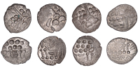 British Iron Age, DUROTRIGES, Uninscribed issues, billon Staters (4), Cranborne Chase type, devolved head of Apollo...
