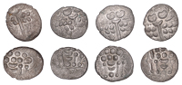 British Iron Age, DUROTRIGES, Uninscribed issues, silver Staters (4), Cranborne Chase type, devolved head of Apollo...
