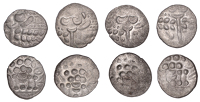 British Iron Age, DUROTRIGES, Uninscribed issues, silver Staters (4), Cranborne Chase type, devolved head of Apollo...