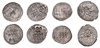 British Iron Age, DUROTRIGES, Uninscribed issues, silver Staters (4), Cranborne Chase type, devolved head of Apollo...