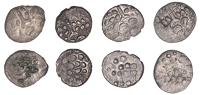British Iron Age, DUROTRIGES, Uninscribed issues, silver Staters (4), Cranborne Chase type, devolved head of Apollo...