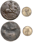 Death of Oliver Cromwell, 1658, a later base metal cast, after T. Simon, armoured bust left, rev. shepherd with his...