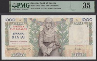 Bank of Greece, 50, 100, and 1000 Drachmai, 1 May and 1 September 1935, in PMG holders 64, choice uncirculated, 55,...