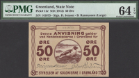 Greenland, Danish Administration, 50 Ore, ND (1941), serial number 141675, Jensen and Rasmussen signatures, in PMG...