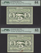 Greenland, State Note, 5 Kroner (2), ND (1926-52), consecutive serial numbers 187697-98, Oldendow and Sveistrup...