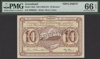 Royal Greenland Trading Company, specimen 10 Kroner, ND (1953-67), serial number 0999585, perforated SPECIMEN, in...