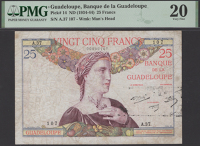 Banque de la Guadeloupe, 25 Francs, ND (1934-1944), serial number A.37 107, Marconnet, Gascon, and Picard...