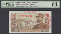 Caisse Centrale de la France d’Outre Mer, Guadeloupe, 20 Francs, ND (1947-49), serial number U.6 95860,...