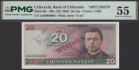 Lietuvos Bankas, specimen 20 Litu, 1991 ND (1993), serial number AA 000000, red SPECIMEN overprint, in PMG holder...