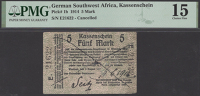 Kassenschein, German South West Africa, 5 Mark, 8 August 1914, serial number E21622, ink cancellation across face of...