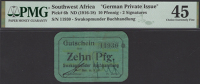 Swakopmunder Buchhandlung, German South West Africa, 10 Pfennig, 1916-1918, serial number 11930, pencil annotation...