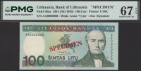 Lietuvos Bankas, specimen 100 Litu, 1991, serial number AA000000, red SPECIMEN overprint, in PMG holder 67 EPQ,...