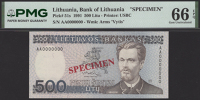 Lietuvos Bankas, specimen 500 Litu, 1991, serial number AA0000000, red SPECIMEN overprint, in PMG holder 66 EPQ, gem...