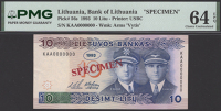 Lietuvos Bankas, specimen 10 Litu, 1993, serial number KAA 000000, red SPECIMEN overprint, annotation on obverse, in...