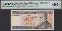 Lietuvos Bankas, specimen 50 Litu, 1993, serial number red SPECIMEN overprint, in PMG holder 66 EPQ, gem...