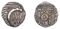 Early Anglo-Saxon Period, Sceatta, Continental series E, variety G2, porcupine-like figure with zoomorphic features...