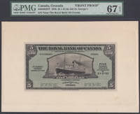 The Royal Bank of Canada, Grenada, obverse and reverse proofs for $5, 3 January 1938, without serial number or...