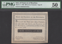 Isles de France et de Bourbon, remainder 300 Livres, 1788, without serial number or signature, in PMG holder 50,...