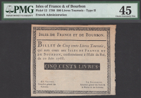 Isles de France et de Bourbon, remainder 500 Livres, 1788, without serial number or signature, in PMG holder 45,...