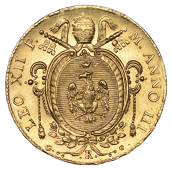 Italy – Papal States, Leo XII, 2 Zecchini, 1825, Rome (Fr. 253; KM 1088). Small edge nicks between 11 and 1...