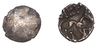 British Iron Age, CORIELTAUVI, Vepo (c. AD 15-40), silver half Unit, Vep type, trace of crossed wreath pattern, rev....