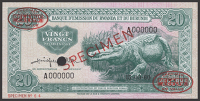 Banque d’Emission du Rwanda et du Burundi, specimen 20 Francs, 15 September 1960, serial number A000000, specimen...
