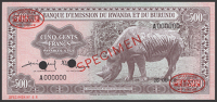 Banque d’Emission du Rwanda et du Burundi, specimen 500 Francs, 15 September 1960, serial number A000000, specimen...