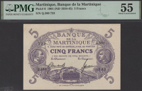 Banque de la Martinique, 5 Francs, 1901 (1946), serial number Q.380 723, Arnaud and Rosemain signatures, in PMG...